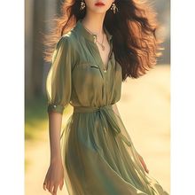 新中式真丝连衣裙女夏季2024新款超仙女薄荷曼波风绿色小立领裙子