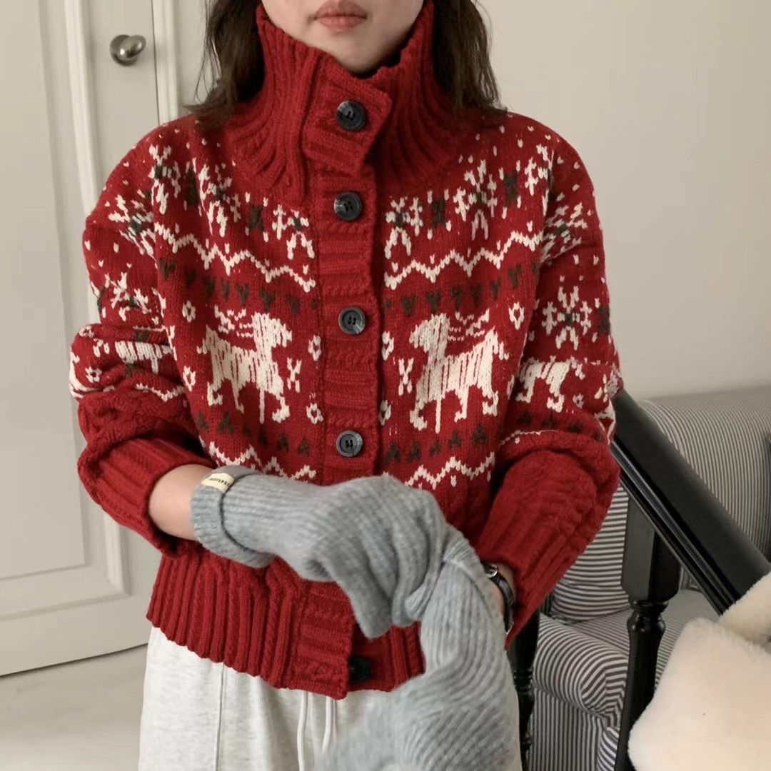 设计感圣诞麋鹿提花高领毛衣外套女短款小个子加厚宽松针织衫上衣