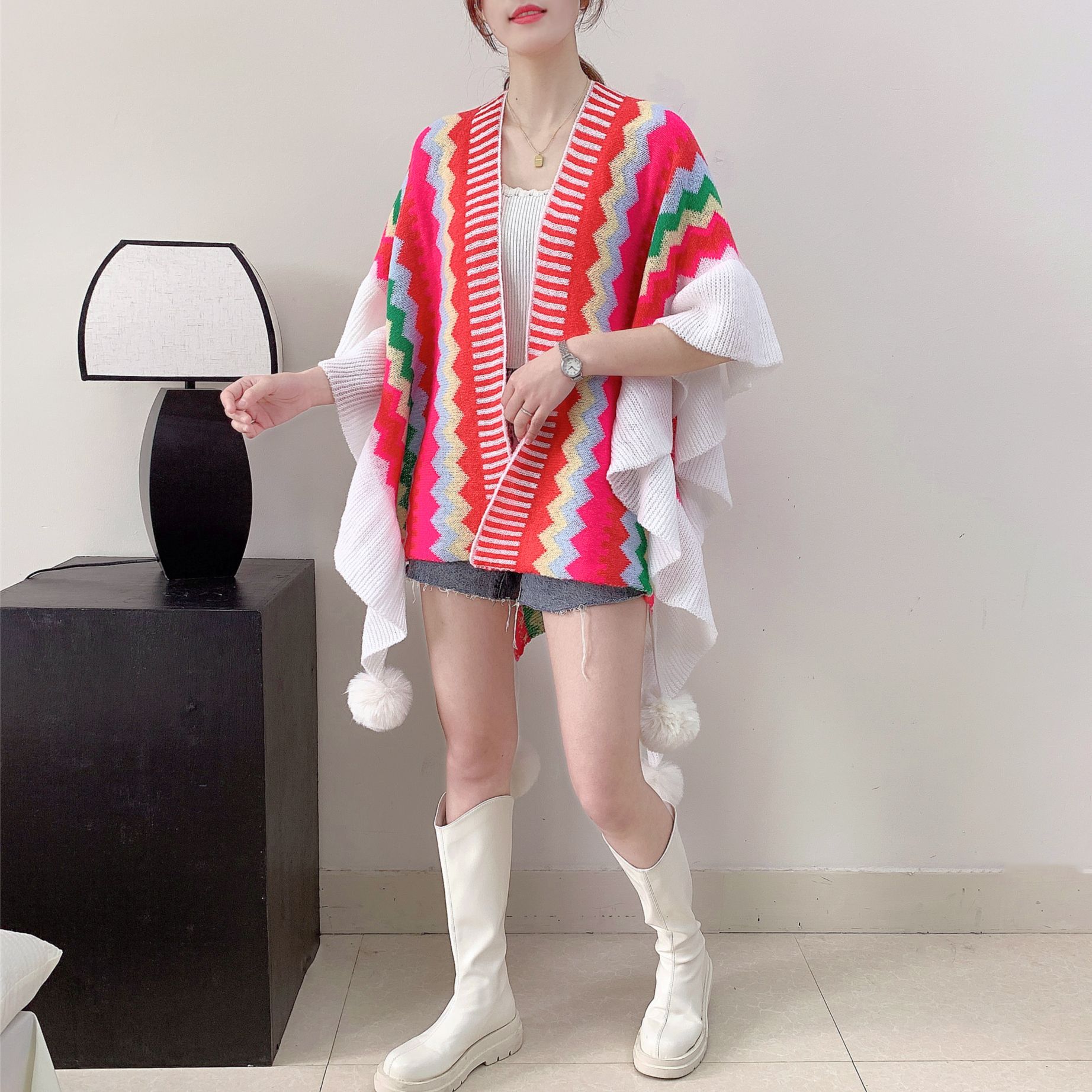 Spring and Autumn Sweet New Split Long Shawl Women's Outer Wear Ruffled Lijiang Women's Clothing Travel Spring Ethnic Style