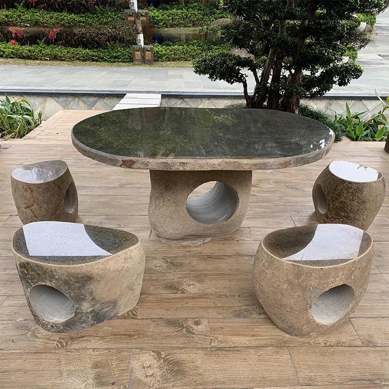 鹅卵石石桌石凳庭院花园户外园林户外休闲圆桌石桌茶台石桌