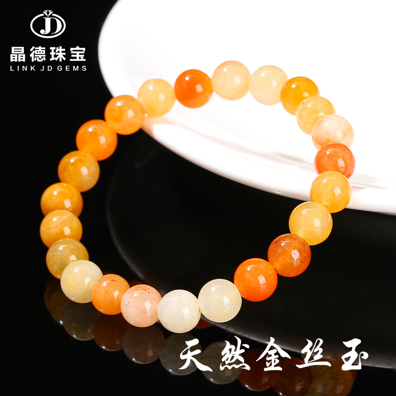晶德珠宝 天然新疆金丝玉手链女款戈壁玉圆珠单圈手串首饰品批发