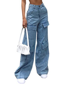 In Stock Europe and America Cross Border AliExpress Women's Jeans Washed Large Pocket Loose Women's Denim Trousers