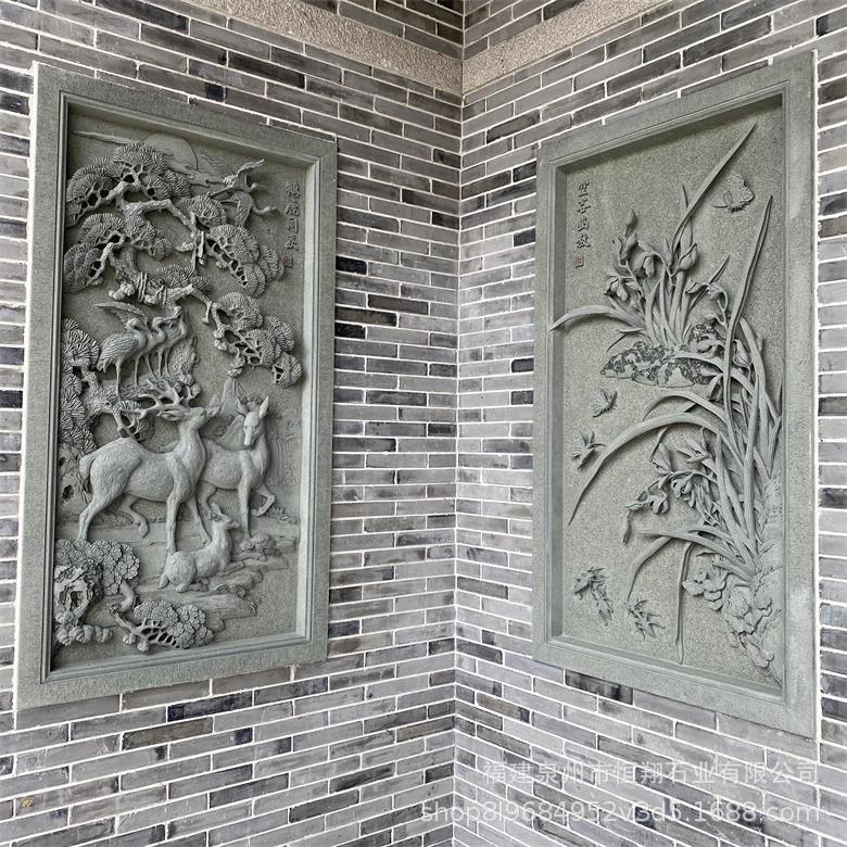 福建石雕厂家定制庭院石雕山水画浮雕 传统青石山水图浮雕摆放