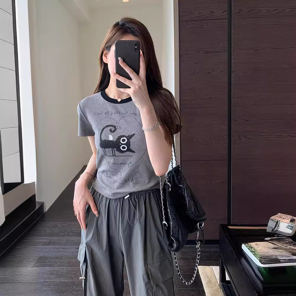 俏皮减龄 ju洋气小短款显瘦灰色卡通印花短袖t恤女春夏新款501496