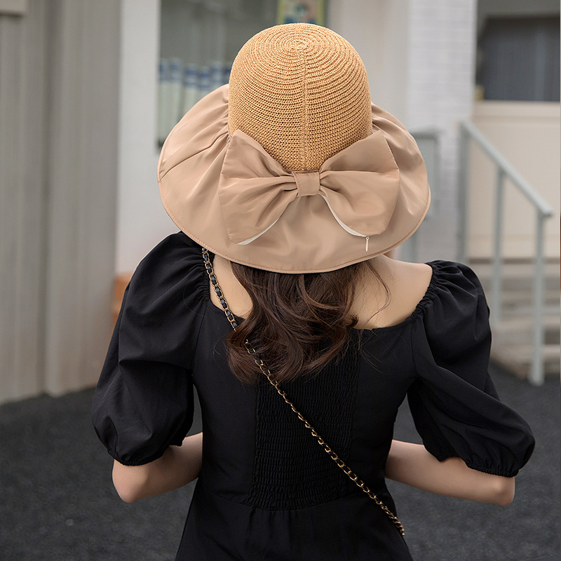 2023 Summer New Vinyl Sun Hat Bow Hollow-out Straw Hat Travel Net Red Sun Hat Sun-Proof Bucket Hat