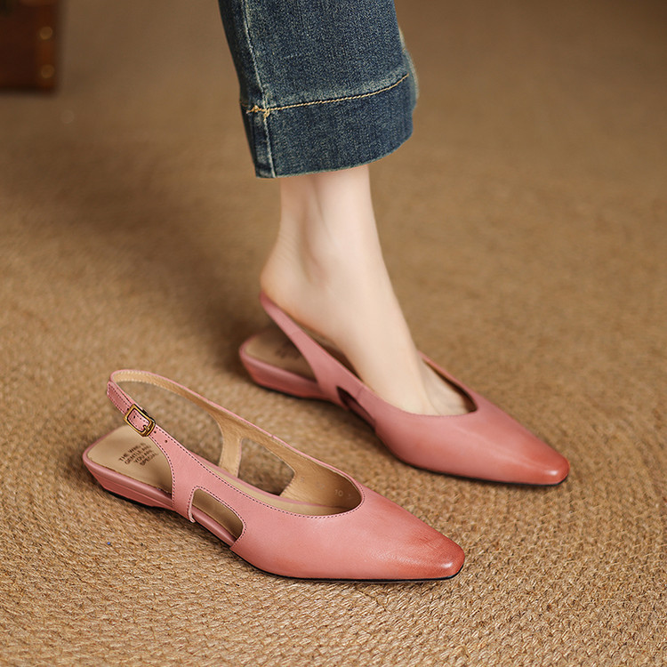 里外全皮女鞋头层牛皮小方头搭扣后空单鞋韩版复古平底包头凉鞋潮