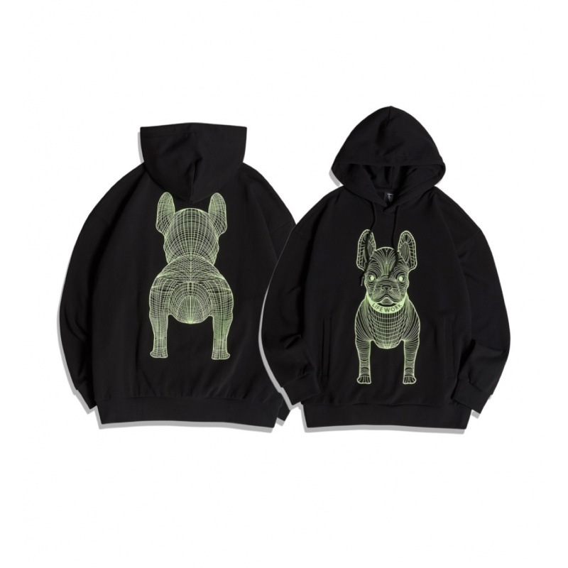 韩国服装潮牌lifework新款法斗狗狗头连帽卫衣套头长袖480克毛圈