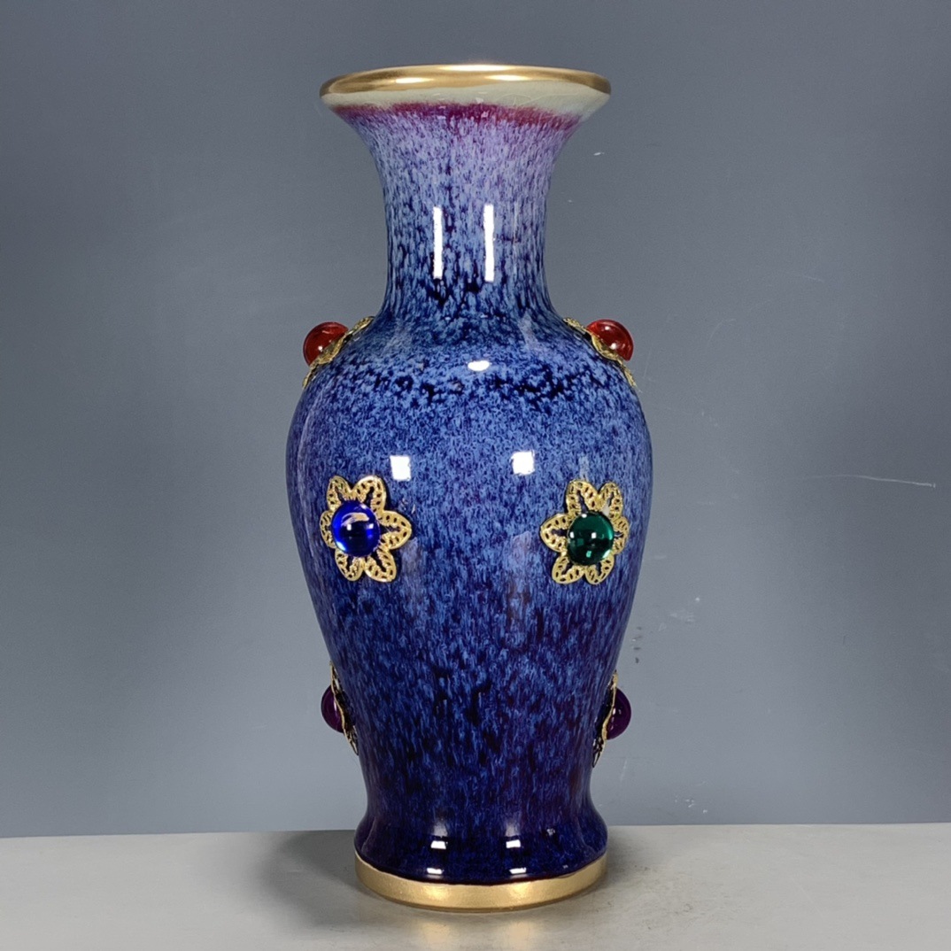 古玩瓷器收藏清代海外回流鎏金镶嵌宝石钧瓷窑变花瓶摆件-阿里巴巴