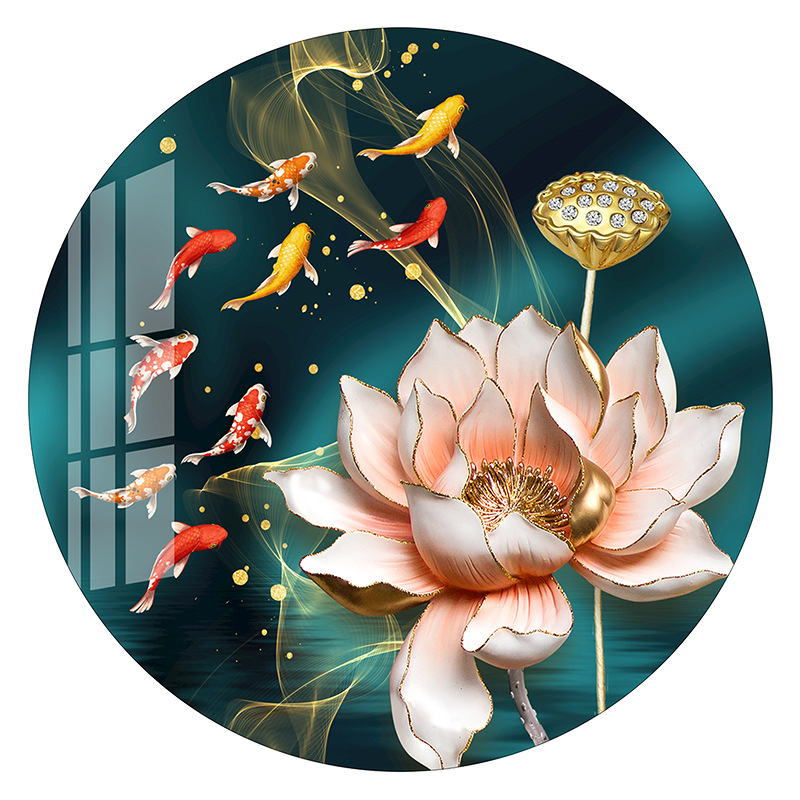 跨境一件代发十字绣2021新款客厅线绣满绣 hq0301 荷花九鱼 圆画