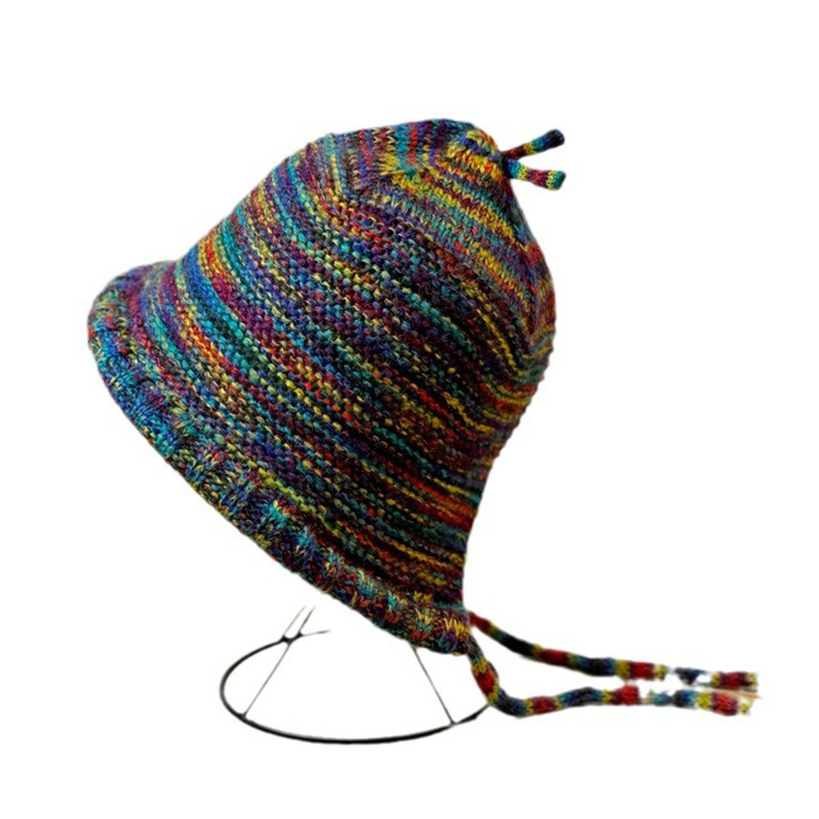 Winter Warm Dopamine Striped Rainbow Hat Gradient Color Woolen Knitted Hat Show Face Small Lace-up Head-Wrapping Hat