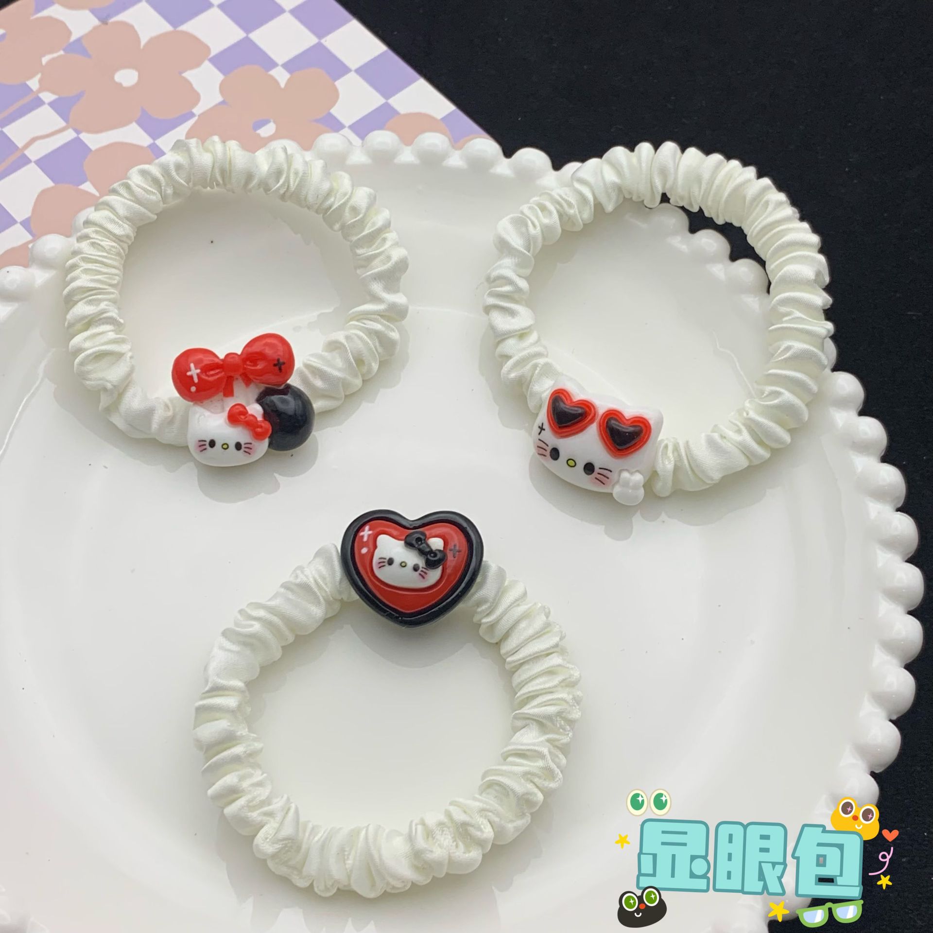 Cartoon Cute Black and Red Cat Bone Hair Rope Ins Girl Heart Student Couple Small Rubber Band Headdress Mori Style Hair Ring