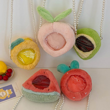 可爱卡通水果单肩包菠萝草莓桃子毛绒零钱包儿童珍珠链条斜跨包