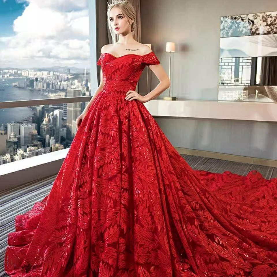 一字肩拖尾婚纱2024新款新娘大码胖m显瘦梦幻奢华孕妇遮孕肚红色