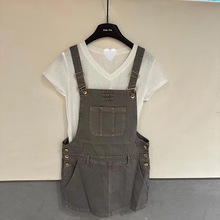 24夏季新款miu系小众设计灰口袋字母刺绣牛仔减龄短款复古背带裙