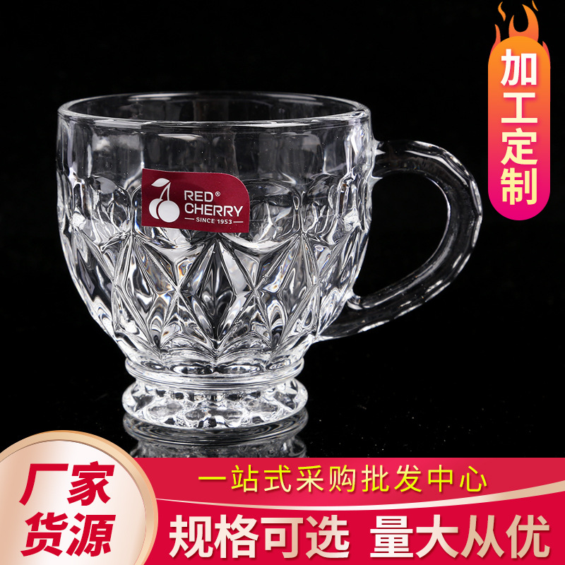 Factory Wholesale Glass Cup with Handle Household Restaurant Coffee Cup Drinking Cup Carved Wine Glass Water Cup