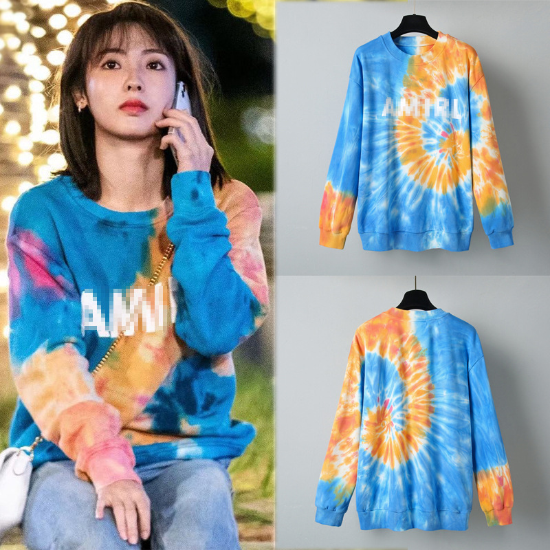 乌鸦小姐与蜥蜴先生邢菲姜小宁同款衣服彩色扎染印花字母卫衣女