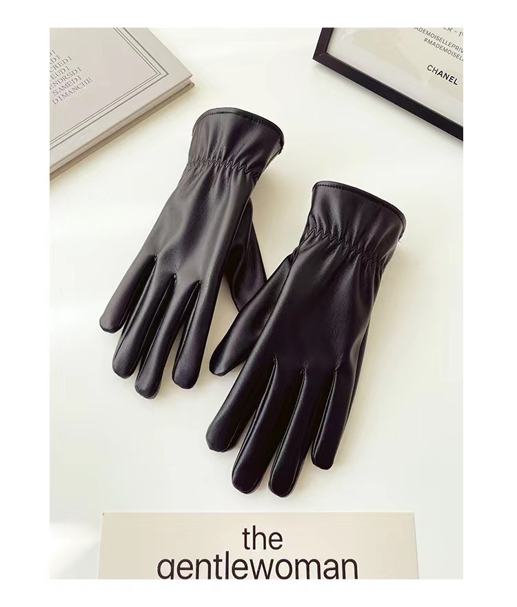Winter Fleece-Lined Women's Riding Bow Gloves Thickened Warm-Keeping and Cold-Proof Finger Gloves Touch Screen PU Leather Gloves
