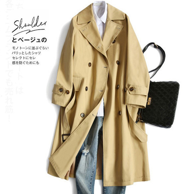 zoj气质双排扣风衣女中长款2024春季外套女装卡其色大衣新款批发