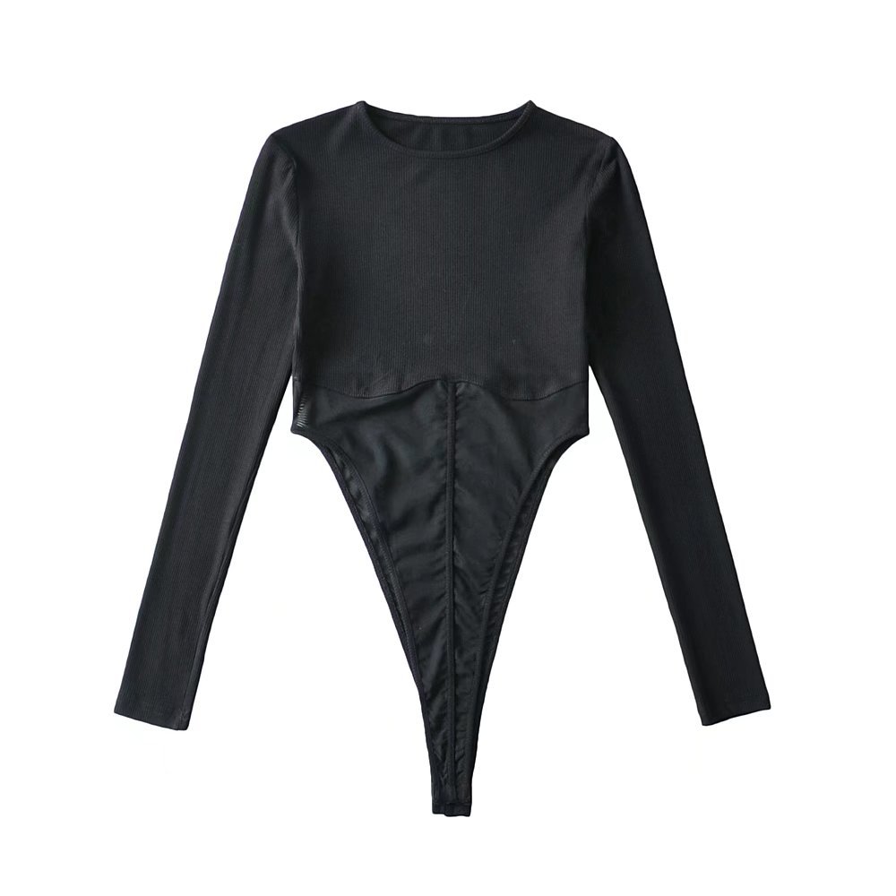 辣妹性感网纱连体衣欧美风女装新款透视拼接长袖开档连体裤