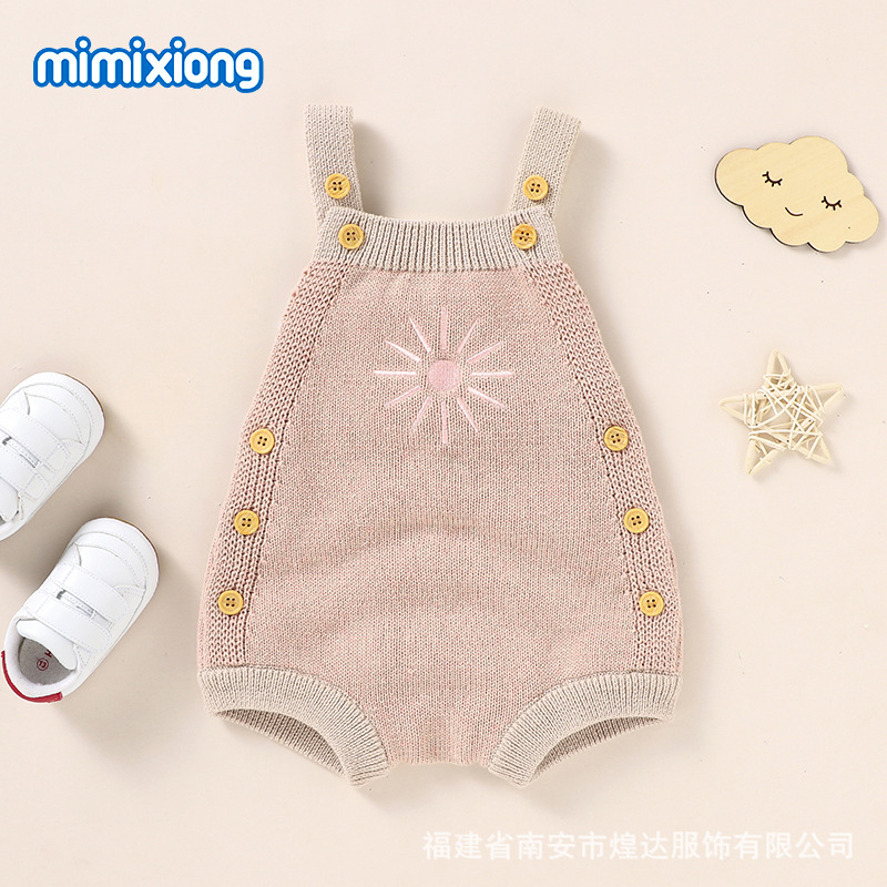 Ins Hot Autumn New Baby Sunflower Embroidered Strap Knitted Jumpsuit Triangle Romper Baby Clothes