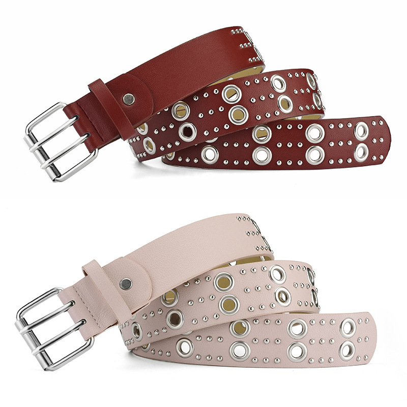 European and American Punk Hollow-out Rivets Belt Men and Women All-Matching Trendy Double Row Pin Buckle Belt for Women Special Decoration New