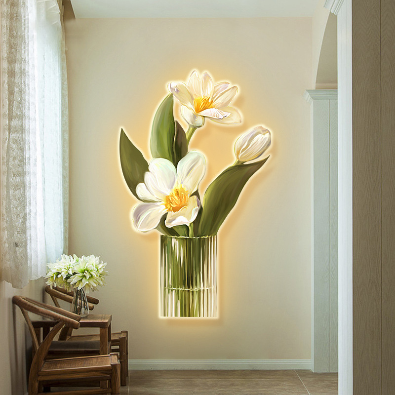 奶油风装饰画led灯画客厅沙发背景墙餐厅带灯花玄关灯光卧室挂画