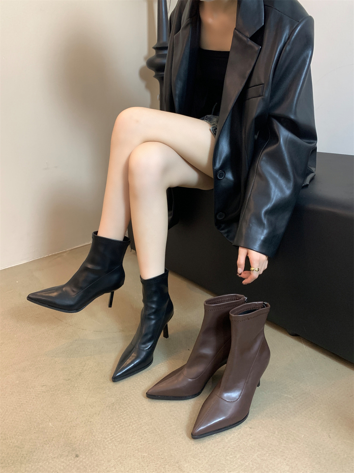 细跟高跟秋季单靴尖头短靴女鞋2023年新款棕色韩系瘦瘦裸靴-阿里巴巴