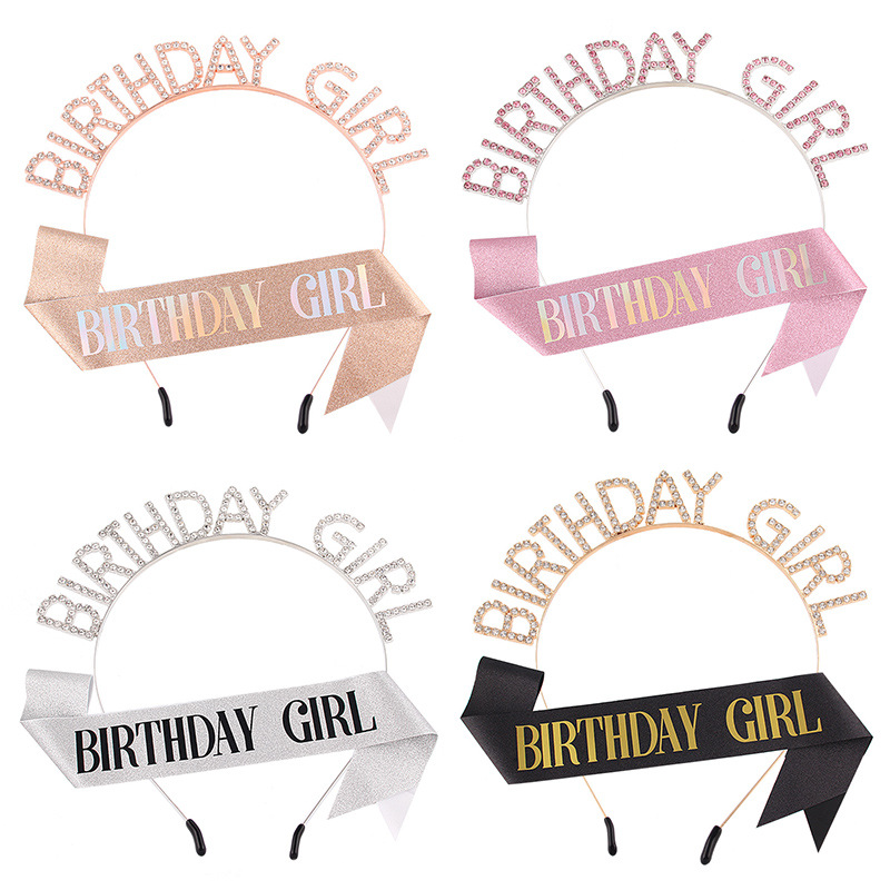 跨境生日女孩发箍birthday gir字母肩带发饰套装合金水钻派对头箍