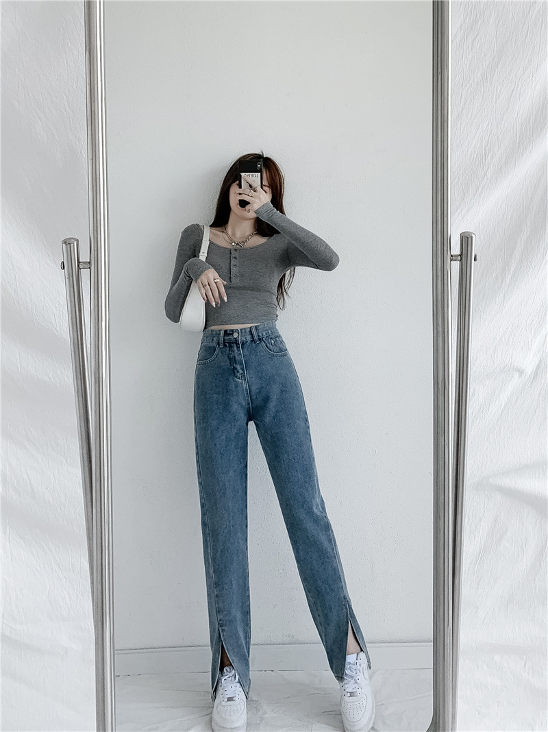 Autumn and Winter New Korean Style High Waist Jeans Women's Loose Cool Slimming and Wide Leg Split Long Pants