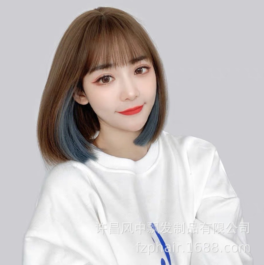 假发女头套雾霾蓝挂耳染齐刘海假发时尚个性一件代发-阿里巴巴