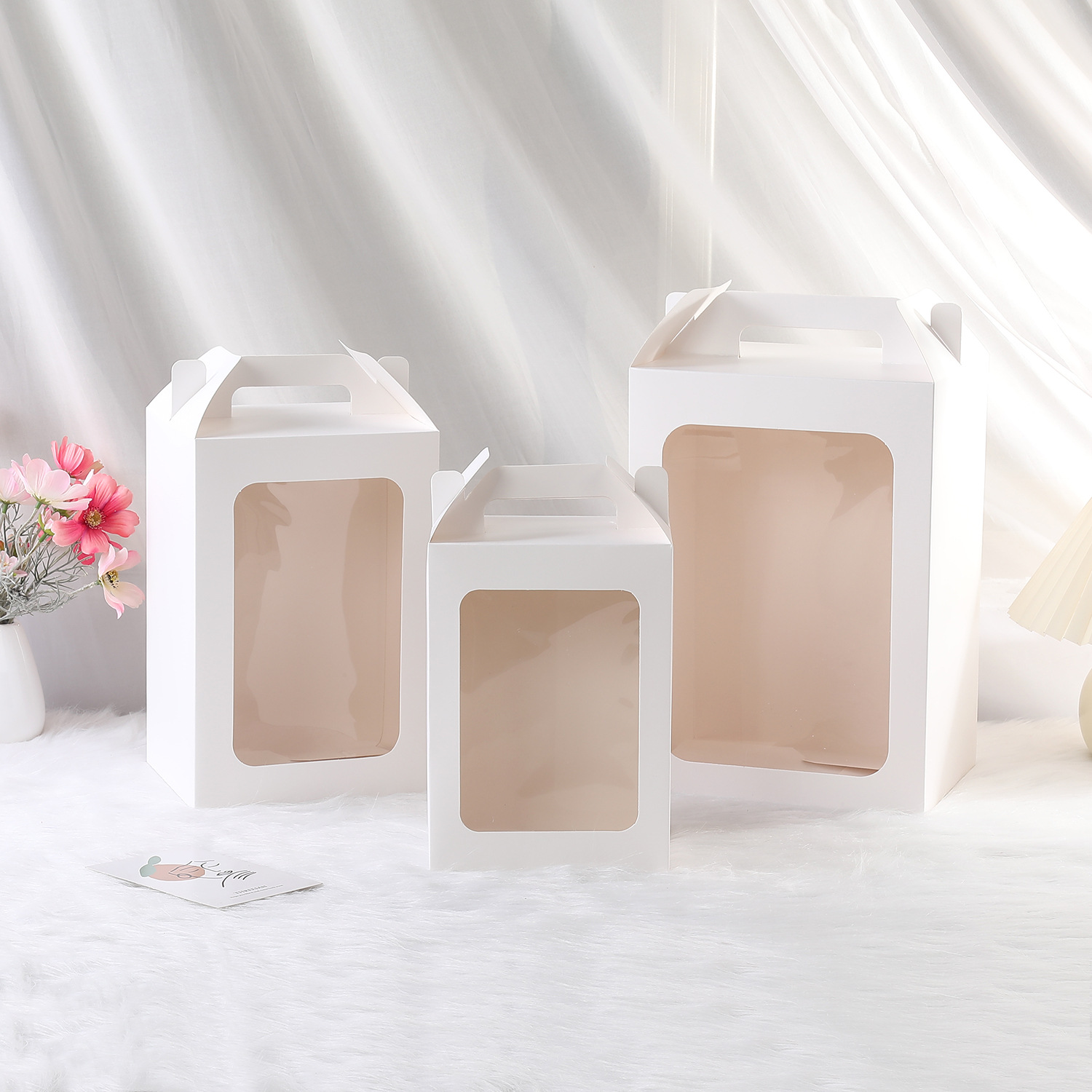 New White Card Portable Gift Box Transparent Packaging Gift Box Window Gift Box Flower Hand Basket