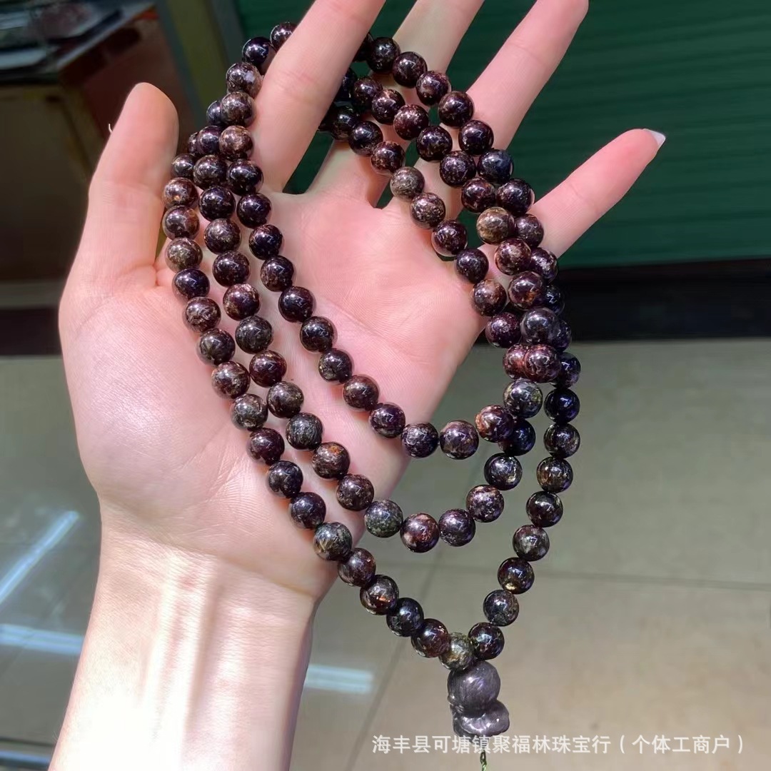 厂家直销 天然黑金鲤云母108佛珠 带金麟闪片 黑金鲤云母圆珠