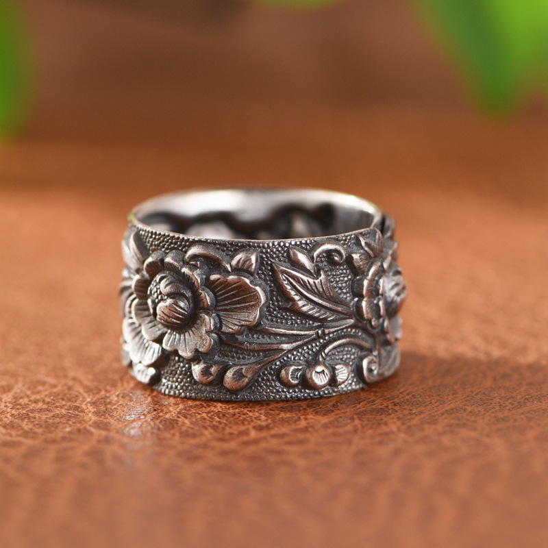 金鹿王 足银戒指 复古宽版手工银饰牡丹花女款指环可调节老银戒子