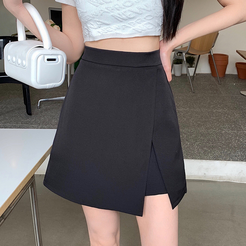 大码女装设计感开叉黑色裙裤夏季新款胖mm高腰显瘦a字半身裙短裙