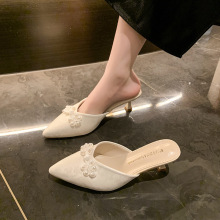 新中式国风包头拖鞋女外穿2024年新款仙女风配裙子尖头细跟高跟鞋