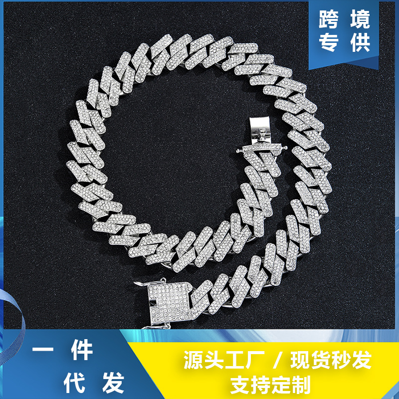 Cross-Border Hip Hop Cuban Link Chain European and American High Quality Men's Domineering Necklace Light Luxury Burst Pinyuan Head Bracelet Manufacturer