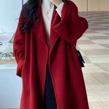 法式秋冬新款红色呢子大衣女中长款2024设计感宽松时尚百搭外套女