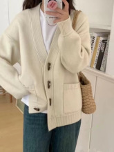 2025高级感V领单排扣毛衣开衫女外套春秋韩版宽松针织衫上衣
