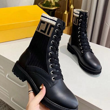 广州工厂高品质女短靴2022冬F家真皮字母老花针织系带厚底马丁靴