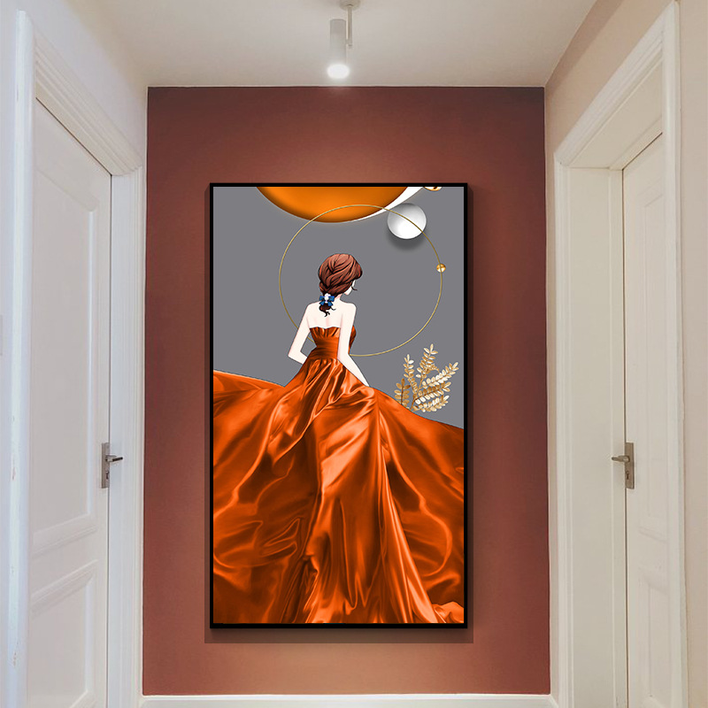 红裙女人玄关装饰画入户过道背景墙壁画走廊竖版晶瓷挂画厂家批发