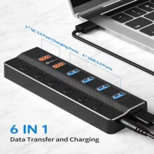 新款USB3.0多口快充HUB集线器 分线器带电源开关一拖六 USB扩展器