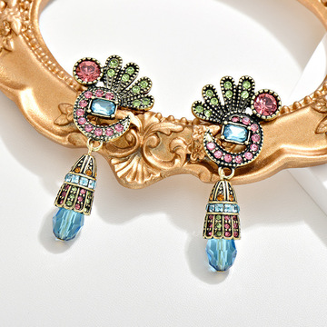 复古时尚轻奢孔雀镶钻水晶耳环法式宫庭风高质量水滴水晶耳环饰品