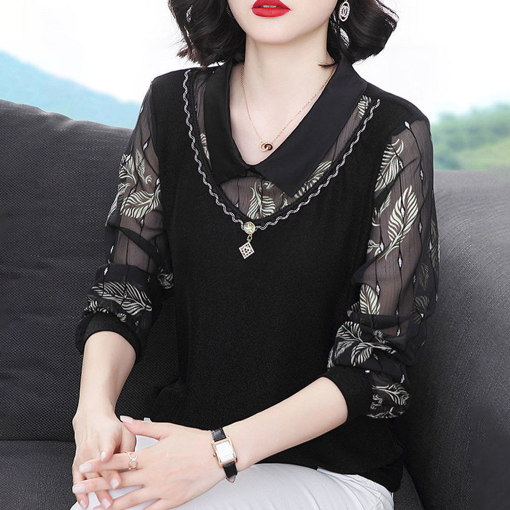 妈妈上衣女春季时尚洋气2021年新款中年人女士小衫有领长袖打底衫