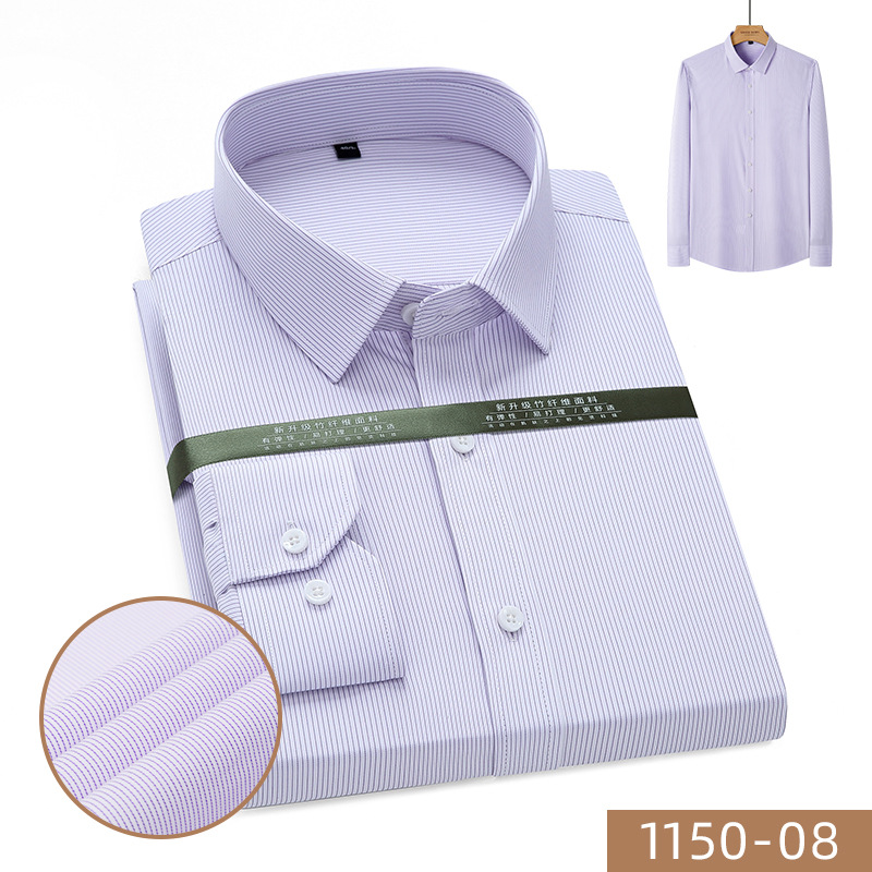 New Men's Non-Ironing Anti-Wrinkle Stretch Pinstripe Slim Fit No Pocket Long Sleeve Shirt Korean Style Business Casual Shirt