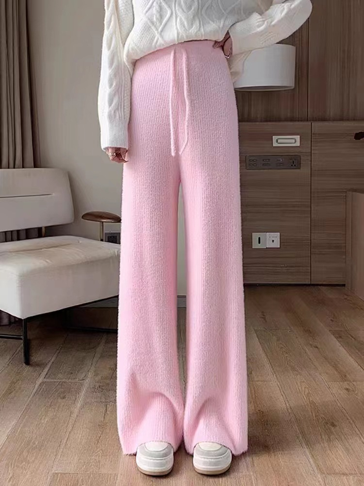 Artificial Mink Hair Knitted Trousers Winter Thickened Women's Pants High Waist Lazy Draping Effect Mop Trousers Casual Wide Leg Tide