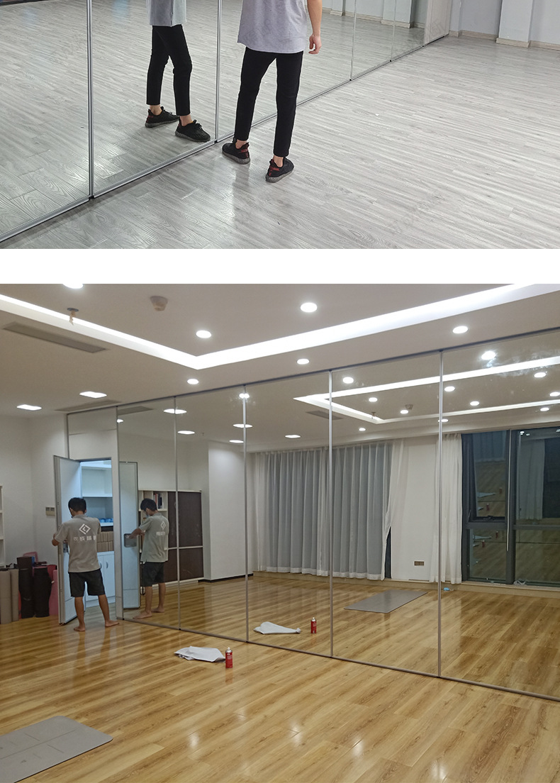 舞蹈室活动玻璃隔断瑜伽房镜面推拉隔墙板可隔音推拉活动屏风定制