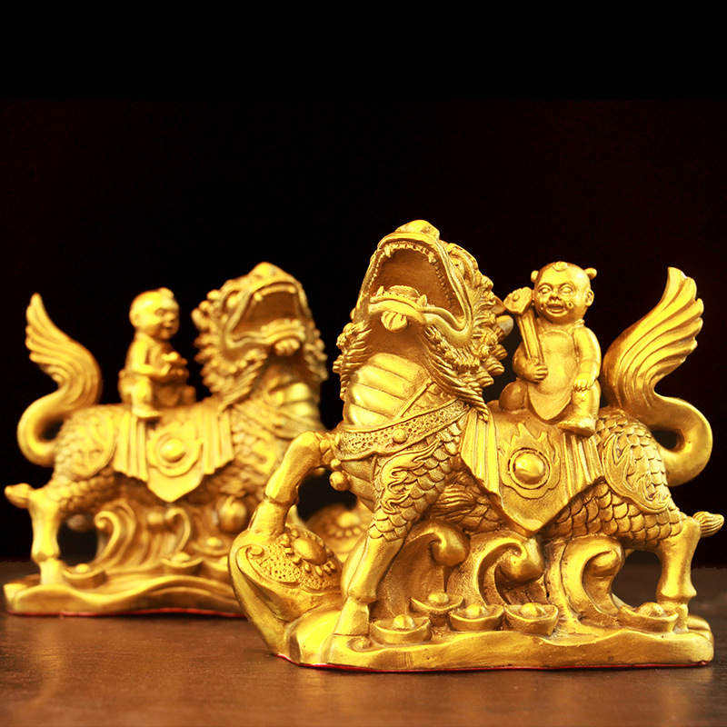 纯黄铜财福招财送子麒麟风水摆件一对大号铜麒麟踩招财镇宅辟斜