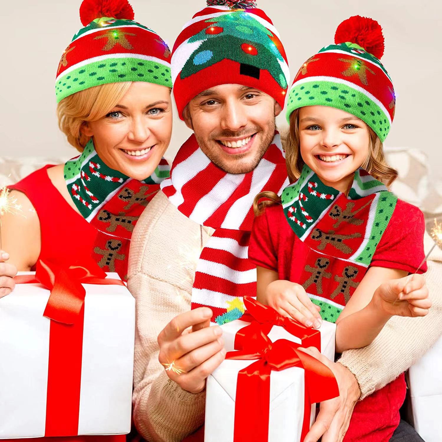 2023 New Jacquard Led Luminous Christmas Hat Scarf Set Autumn and Winter Holiday Pattern Multicolor Jacquard Spot