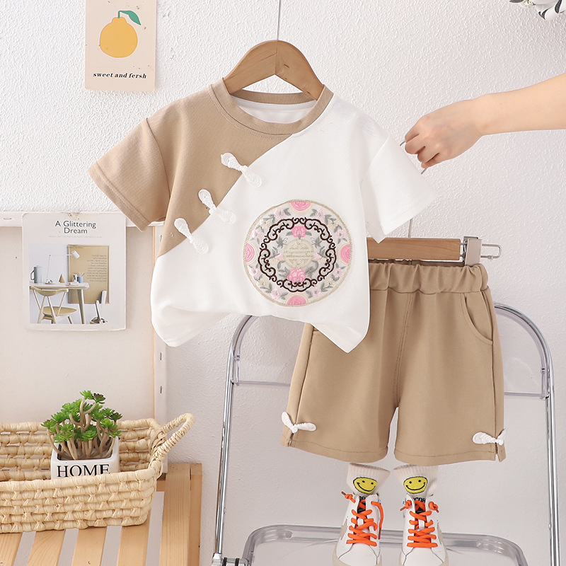 Baby Girl Suit 2024 New Fashionable Korean Style National Style Short-Sleeved Shirt Two-Piece Cartoon Children's Baby Clothes