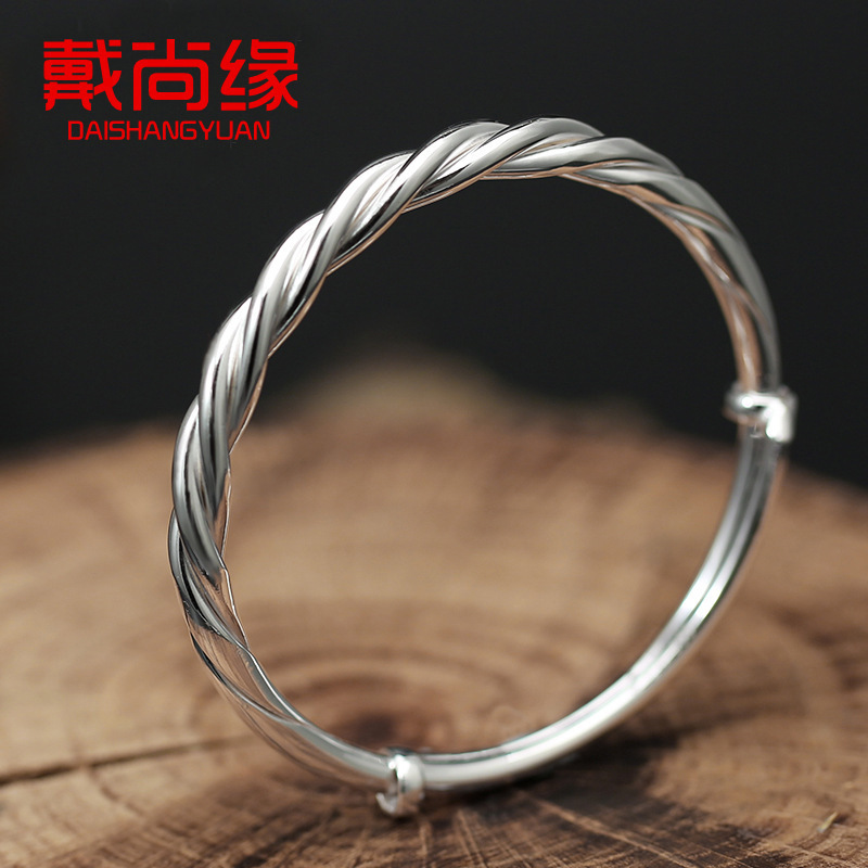 银手镯999足纯银女款手工麻花光面镯子复古手环银饰品生日礼物
